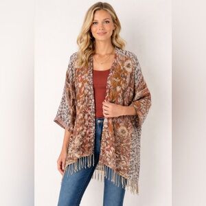 Soft Surroundings Women’s Pasha Pumpkin Wool Leopard Cardigan Fringe Size L/XL